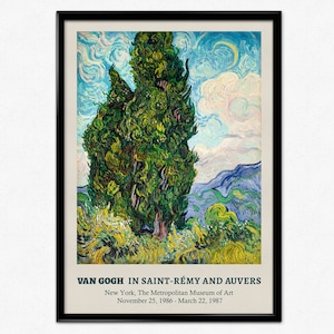 Van Gogh Print Vintage Exhibition Poster Abstract French Landscape Painting Saint Rémy and Auvers Cypress Trees Home Office Decor