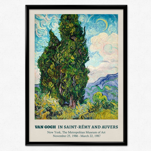 Van Gogh Print Vintage Exhibition Poster Abstract French Landscape Painting Saint Rémy and Auvers Cypress Trees Home Office Decor