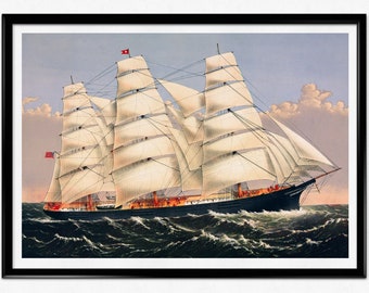 Vintage Schiff Poster, Klipper, Nautikdruck, Segelschiff Illustration, Currier & Ives, Segeln, Meer Malerei, Wohndeko