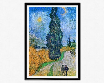 May include: A painting of a tall, dark green cypress tree in a field with a winding path leading to a small village in the distance. The sky is a vibrant blue with swirling clouds and a bright yellow sun. The painting is done in a style reminiscent of Vincent van Gogh.