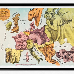 Cartel de ilustración vintage, mapa de guerra de Europa: visto a través de ojos franceses por Paul Hadol, 1870, mapa impreso, historia, decoración del hogar, arte de la pared