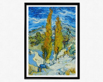 May include: A painting of two tall, yellow trees in a landscape with a blue sky and white clouds. The trees are in the foreground, and the landscape is in the background. The painting is done in a style that is reminiscent of Vincent van Gogh.