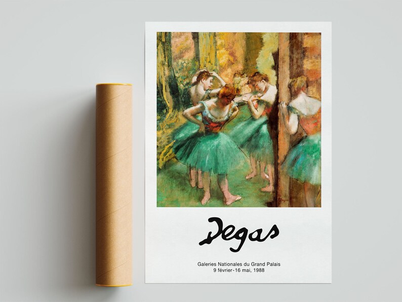 May include: A vintage poster featuring a painting of dancers in green tutus by Edgar Degas. The poster is titled "Degas" and includes the text "Galeries Nationales du Grand Palais 9 fevrier - 16 mai, 1988."