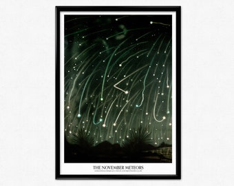 Astronomy Poster, Meteors, Vintage Celestial Illustration, Space, Shooting Stars, Trouvelot Astronomical Drawings, Night Sky, Home Decor