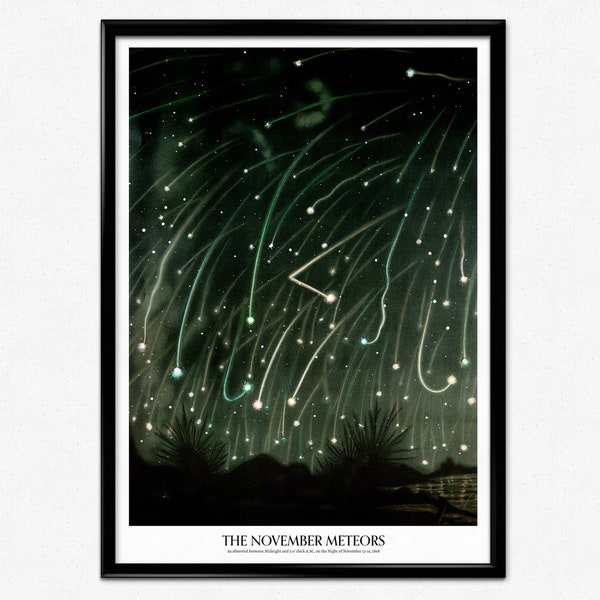 Astronomy Poster, Meteors, Vintage Celestial Illustration, Space, Shooting Stars, Trouvelot Astronomical Drawings, Night Sky, Home Decor