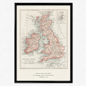 Vintage kaart van Groot-Brittannië, Britse eilanden 1900, vintage cartografische kaart van Engeland, reproductieprint, universele atlas van de wereld