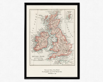 Vintage Map of Great Britain, British Isles 1900, Vintage Cartographic Map of England, Reproduction Print,  Universal Atlas of the World