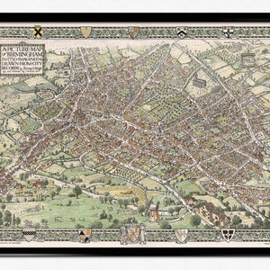 Vintage Karte von Birmingham, Bildhafte Panoramakarte der Stadt Birmingham, Birmingham um 1730, England, Wohnkultur, Wandkunst