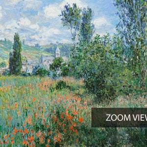 May include: A painting of a landscape with a field of red poppies in the foreground, a village in the distance, and a blue sky with white clouds. The painting is done in a style reminiscent of Impressionism.