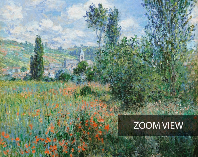May include: A painting of a landscape with a field of red poppies in the foreground, a village in the distance, and a blue sky with white clouds. The painting is done in a style reminiscent of Impressionism.