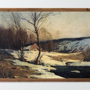 Snowy Vintage Landscape Painting, Farmhouse, House, Forest and Hills, Muted Landscape, Countryside, Home Decor, Wall Art, 010
