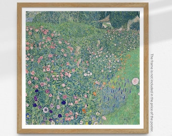 Puede incluir: Una pintura de un jardín con una variedad de flores en tonos de rosa, morado, azul y amarillo. Las flores están dispuestas en filas y están rodeadas de follaje verde. La pintura está realizada en un estilo que recuerda al impresionismo.