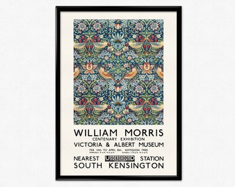 William Morris Print Strawberry Thief Wallpaper Pattern, Exhibition Poster Victoria and Albert Museum London, Bird Wallpaper Home Decor