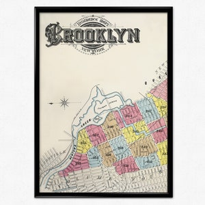 Kaart van New York, vintage kaart van Brooklyn, ca. 1850, oude kaart, kaart brandverzekering Sanborn, Kings County, poster New York, woondecoratie, kunst aan de muur
