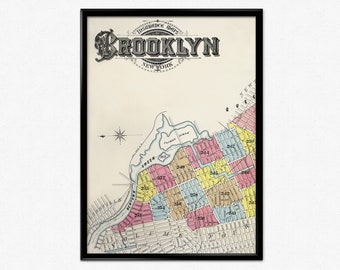 New York Map, Vintage Map of Brooklyn, ca. 1850, Old Map, Sanborn Fire Insurance Map, Kings County, New York Poster, Home Decor, Wall Art