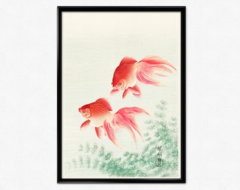 日本美術：小原古邨作「金魚2匹」（日本の動物・魚の絵のプレミアム