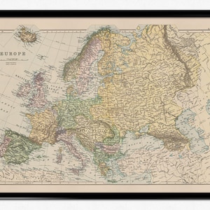 Affiche de la carte de l'Europe, carte politique de l'Europe 1892, reproduction haute résolution, vintage, Atlas, histoire, géographie, décoration d'intérieur, art mural