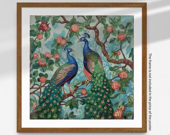 William Morris Art Print: Art Nouveau Peacocks in Tree - Square Format with Blue & Green Hues - Vintage Bird Illustration Poster