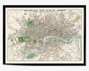 Carte vintage de Londres, New Plan of London 1853 de Whitbread, impression de Londres, carte vintage haute résolution, ancienne carte de l'Angleterre, décoration d'intérieur