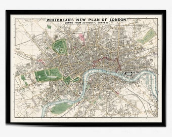 Vintage Map of London, Whitbread&#39;s New Plan of London 1853, London Print, High Resolution Vintage Map, Old Map England, Home Decor