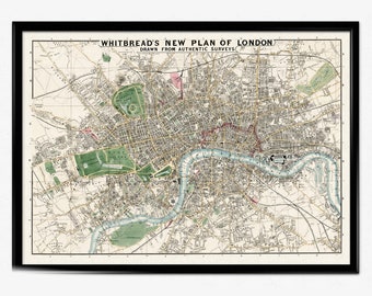 Carte vintage de Londres, New Plan of London 1853 de Whitbread, impression de Londres, carte vintage haute résolution, ancienne carte de l'Angleterre, décoration d'intérieur