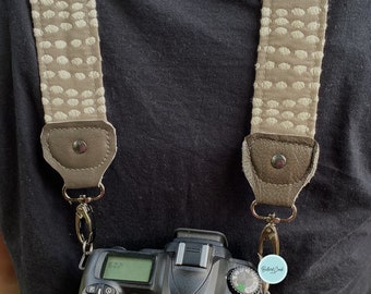 Gray and Cream Polka Dot Reversible Camera Strap