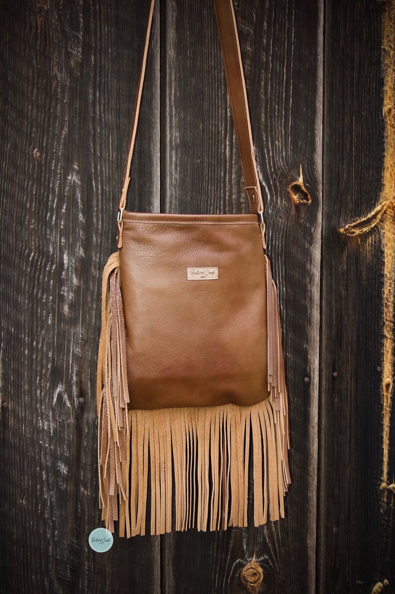 Brown Leather Fringe Crossbody Bag With White Inlay Etsy