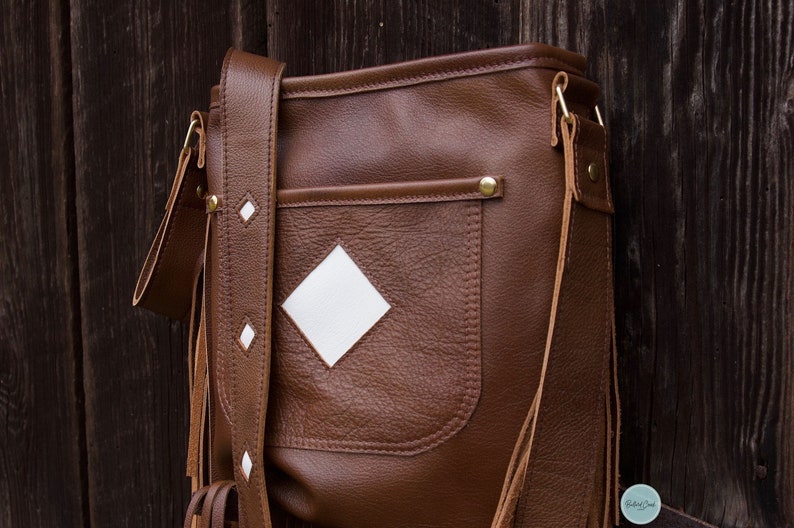 Brown Leather Fringe Crossbody Bag With White Inlay Etsy