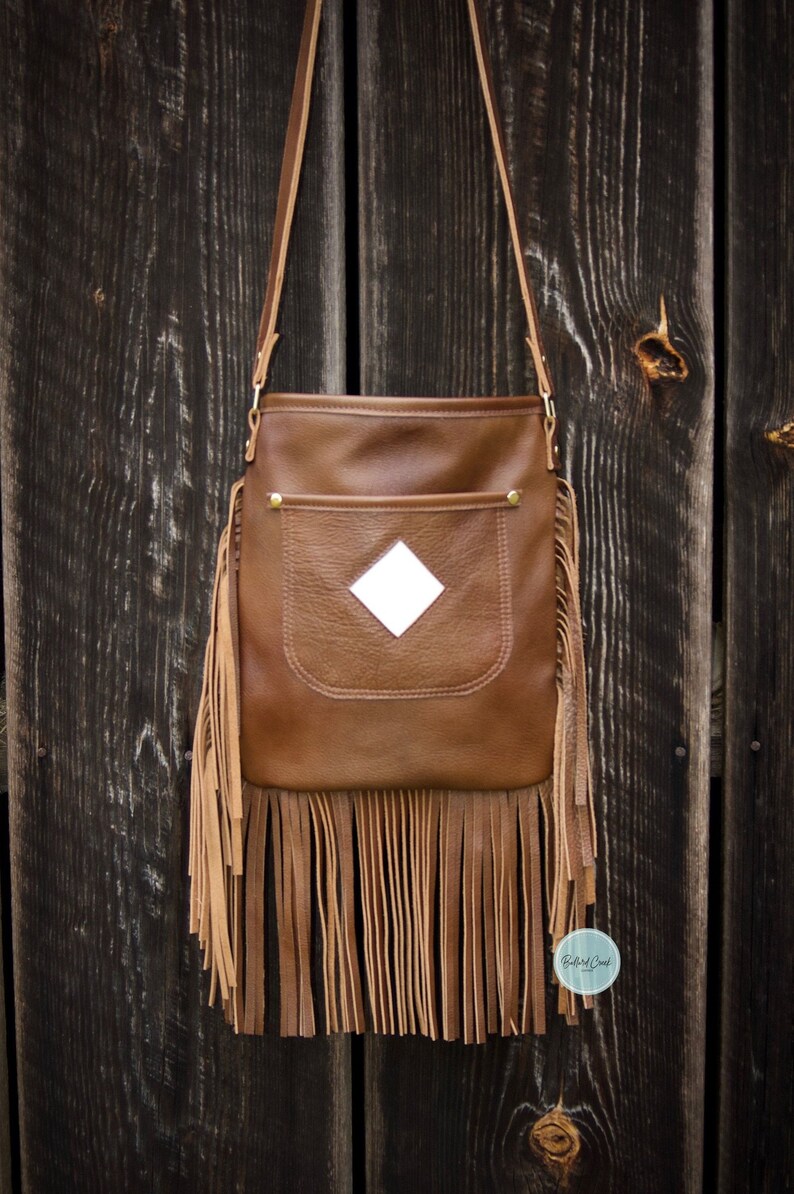 Brown Leather Fringe Crossbody Bag With White Inlay Etsy