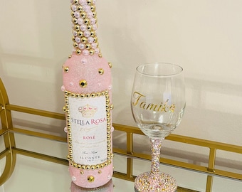 Bottiglia Glam Perla Rosa Dorata - Regalo di Compleanno - Decorazione Glitterata - Vetreria di Lusso - Regalo per la Festa della Mamma - Regalo Personalizzato - Bicchiere da Vino Bling