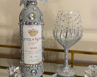 Bottiglia glamour con diamanti frantumati - Arte con diamanti - Bicchiere da vino scintillante - Regalo di compleanno - Bottiglia di vino glitterata - Decorazione per vino glamour - Decorazione natalizia