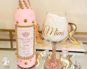 Golden Pink Pearl Glam Bottle - Birthday Gift - Glitter Decor - Luxury Glassware - Pink Decor - Custom Gift - Bling Wine Glass - Graduation