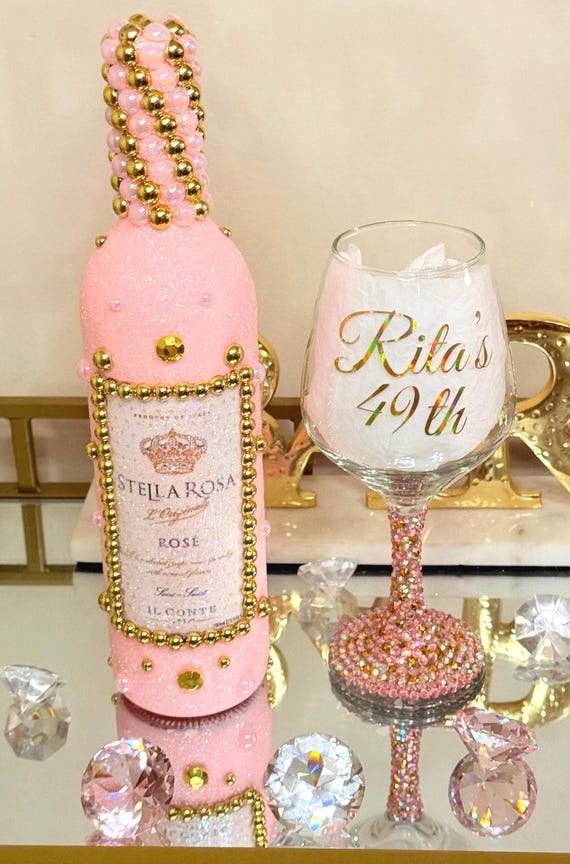 Golden Pink Pearl Glam Flasche - Geburtstagsgeschenk - Glitzer Dekor - Luxus Glaswaren - Pink Decor - Individuelles Geschenk - Bling Weinglas - Abschluss