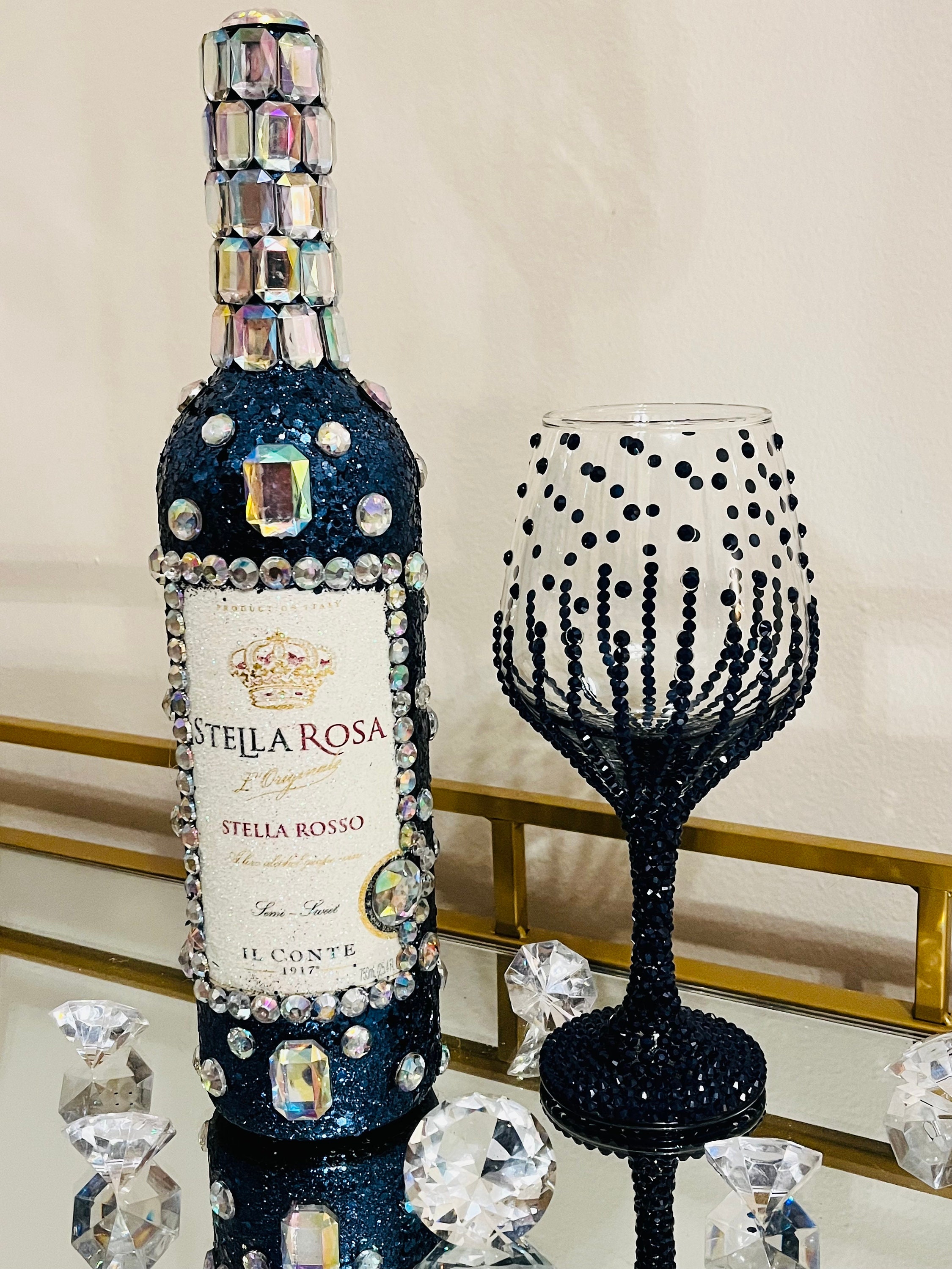 Bottiglia Glam Diamond Blue Midnight - Calice da vino con diamanti - Compleanno - Bottiglia da vino glitterata - Halloween - Decorazioni per le feste