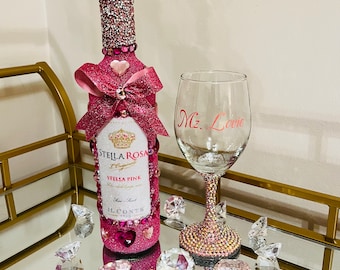 Bottiglia glam con diamante schiacciato a cuore rosa - Festa della mamma - Bottiglia di vino glitterata - Idee regalo - Compleanno - Decorazione cuore - Stella Rosa