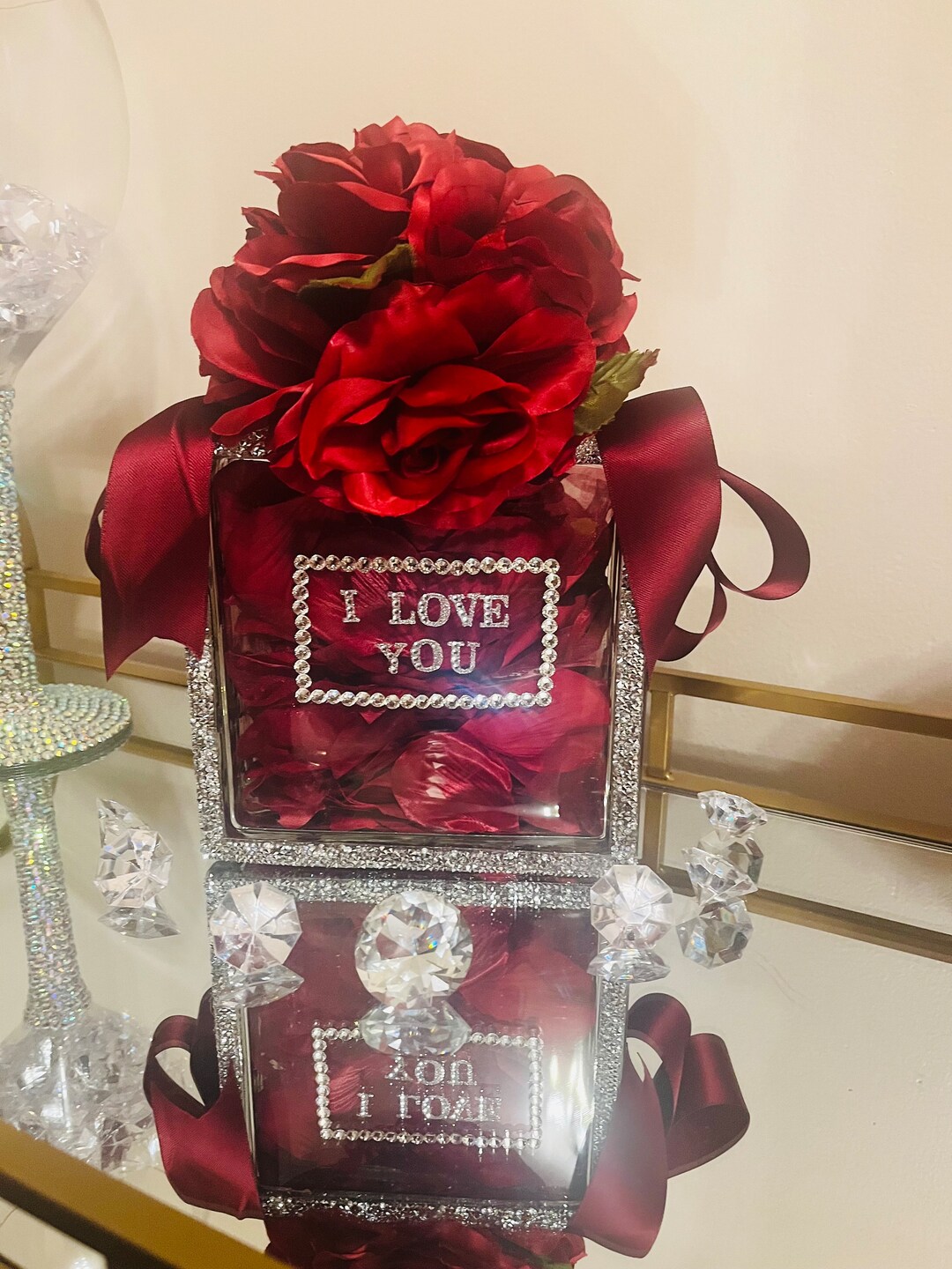 Crushed Diamond Rose Bouquet Glam Box I Love You Glam Box Glam Gift Red
