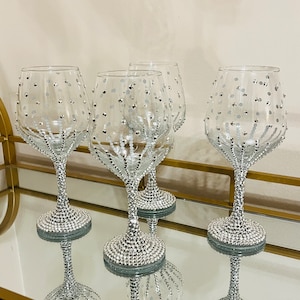 SILVER JEWELED STEM WINE GLASSES. SET OF 4. BEAUTIFUL! STUNNING!