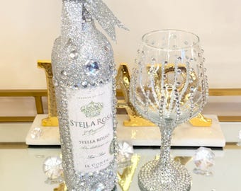 Crushed Diamond Glam Bottle and Wine Glass – Bling Decor