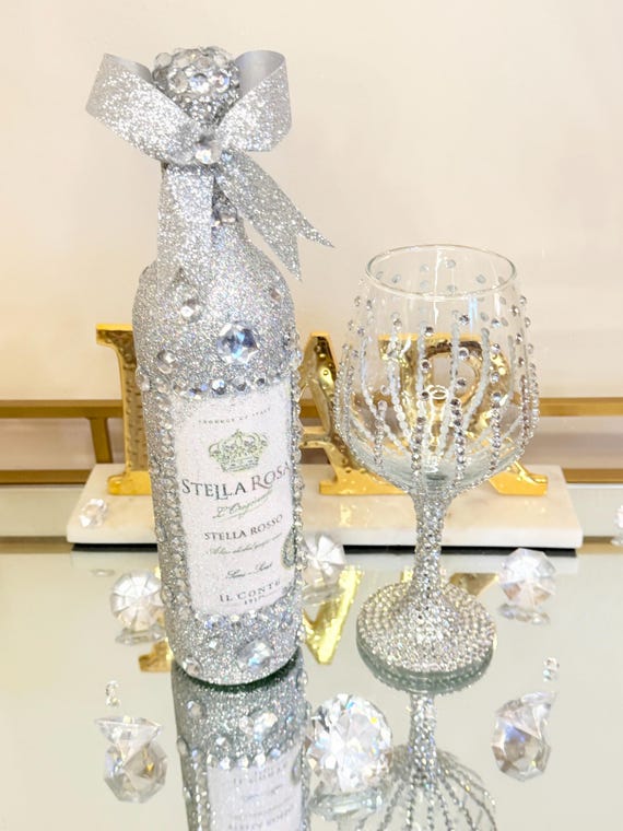 Crushed Diamond Glam Bottle and Wine Glass  Bling Decor - Etsy