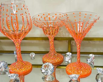 Iridescent Orange Rhinestone Glassware: Bling Wine, Martini, Margarita Glasses