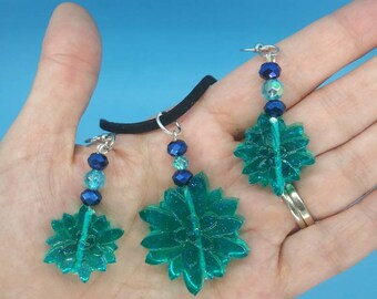 Blue flower sparkle glitter resin earrings and necklace