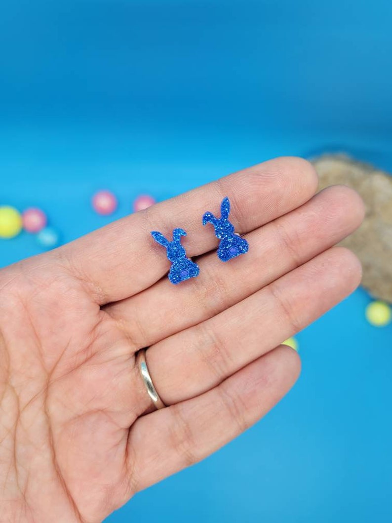 Blue Easter Bunny Sparkle Stud Earrings