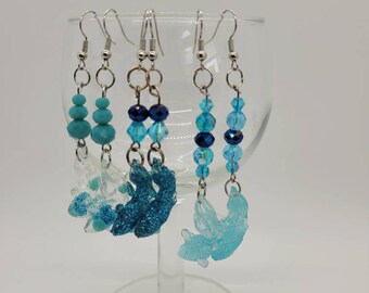 Blue Sparkle Beaded Koi Fish resin earrings