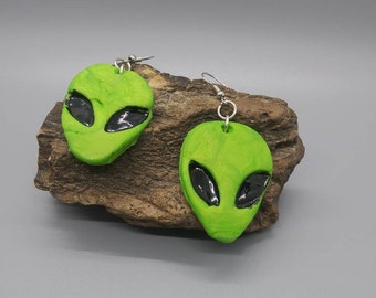 Neon green clay alien dangle earrings