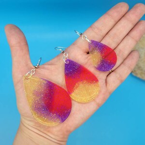 Yellow, Purple and Pink Teardrop Resin Earrings