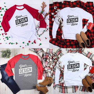 Camisa de manga larga blanca mockup, blanco sudadera Mockup, camisa de béisbol, raglan Mockup, camiseta, lay flat, camisa de Navidad, paquete, otoño