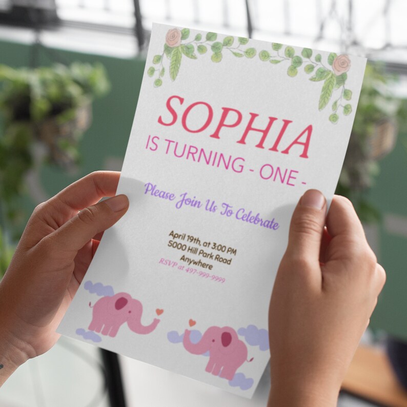 Instant Download Turning One Elephant First Birthday Flower Girl Birthday Pink Floral Printable Invitation Elephant Birthday Invite