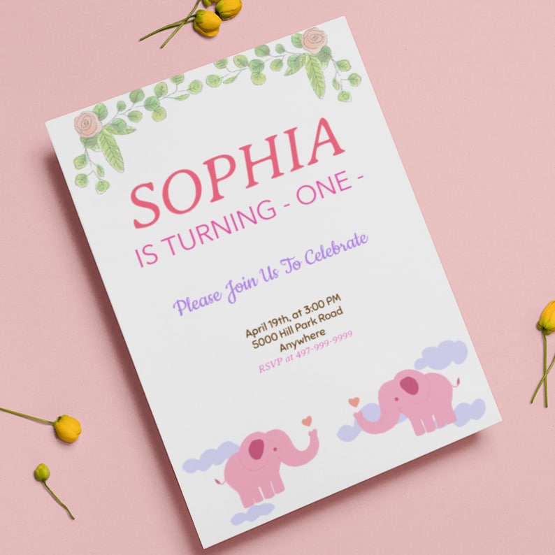 Instant Download Turning One Elephant First Birthday Flower Girl Birthday Pink Floral Printable Invitation Elephant Birthday Invite