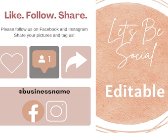 Social Media Sign, Editable, Let's Be Social Template, Follow Us On Social Media Sign, DIY Sign Template, Canva, Social Networks, Business