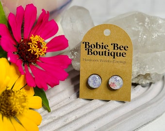 Tiny Wooden Floral Stud Earrings, Small Painted Wood Stud Earrings, Handmade Post Earrings, Lady's Earrings, Boho Gift for Her